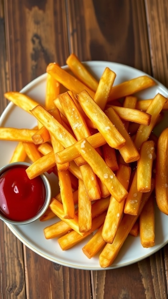 Crispy air fryer Yukon Gold French fries served with ketchup on a wooden table.